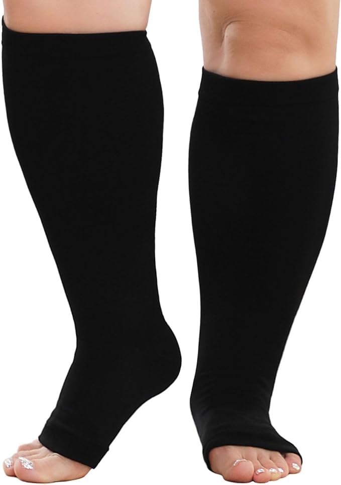 LOFIR Plus Size Compression Socks: Flight Socks for Women Large Calves Wide Calf Graduated Compression Socks for Men Open Toe Stockings for Support Travel Pregnancy Nurses 20-30 mmHg Black 3XL 1Pair
