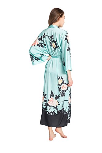 Old Shanghai Women's Kimono Robe Long - Watercolor Floral, Blush Rose- Mineral Blue - Thumbnail 5