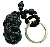Betterdecor Feng Shui Peach Wood Carved Pi Yao Key Ring Amulet for Wealth (with a Pouch)