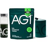 AG1 Greens Powder Supplement Bundle w/Stainless Steel Storage Canister – Multivitamin, Probiotic & Superfood Blend | Gut Health & Daily Wellness Support | Includes Shaker & Scoop | Vegan, Gluten-Free