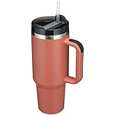 FAMKX 40oz Insulated Travel Mug Tumbler With Handle and Straw,Stainless Steel Double Wall Vacuum Cup Keep Drink Cold and Hot (Brick-red#)