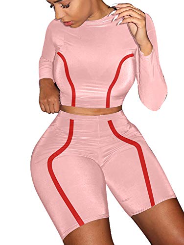 BEAGIMEG Women's Casual 2 Piece Outfits Stripe Romper Long Sleeve Top Shorts Pink