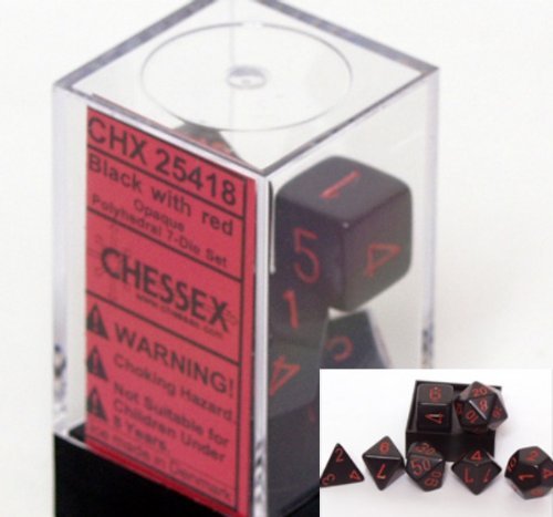 Chessex Dice: Polyhedral 7-Die Opaque Dice Set - Black with Red