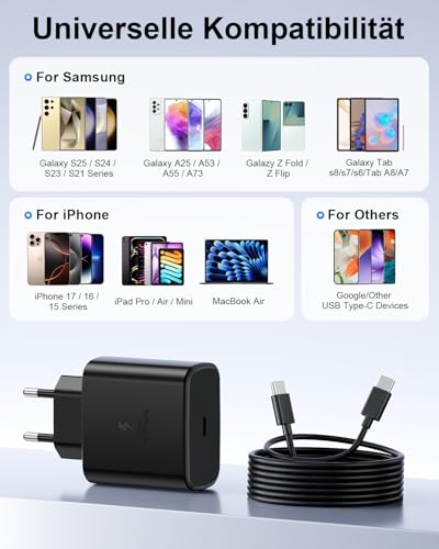 45 W USB C Charger for Samsung, 2 Pack Mobile Phone Quick Charger with 2 m Charging Cable, Type C Fast Charger for Samsung Galaxy S26 S25 S24 S23 Ultra 5G A56, iPhone 17 16 15.45 W Charger Super Fast