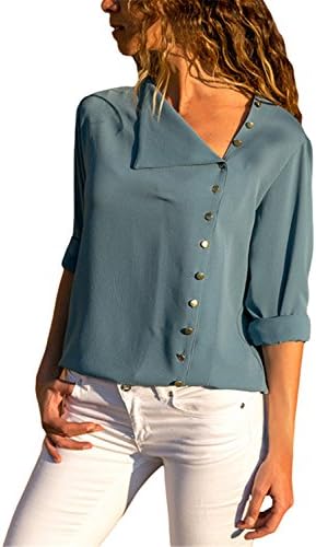 FIYOTE Womens Solid Long Sleeve Button Detail Shirts Loose Fit Chiffon Blouses and Tops