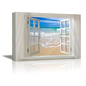 Canvas Prints Wall Art - Glimpse into Clear Sea and White Waves Out of Open Window | Modern Wall Decor/Home Decoration Stretched Gallery Canvas Wrap Giclee Print & Ready to Hang - 24" x 36"