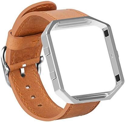 SWAWS Fitbit Blaze Leather Watch Band with Metal Frame,Fitbit Blaze Leather Bands/Belt/Strap/Bracelet with Stainless Steel Buckle for Women Men (Vintage Brown Leather Band with Silver Frame)