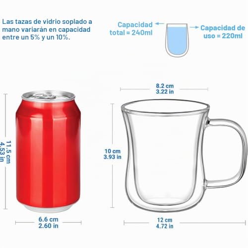 ecooe Set of 2 Double Walled Coffee Cups for Latte Macchiato - Borosilicate Glass, 2 Pack, 240 ml, with Handle for Cappuccino, Tea, Ice, Milk, Beer