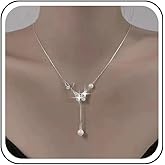 Aneneiceera Vintage Butterfly Pearl Pendant Necklace Silver Pearl Y Drop Necklace Crystal Butterfly Choker Necklace Cz Pearl Tassel Necklace Chain Jewelry for Women
