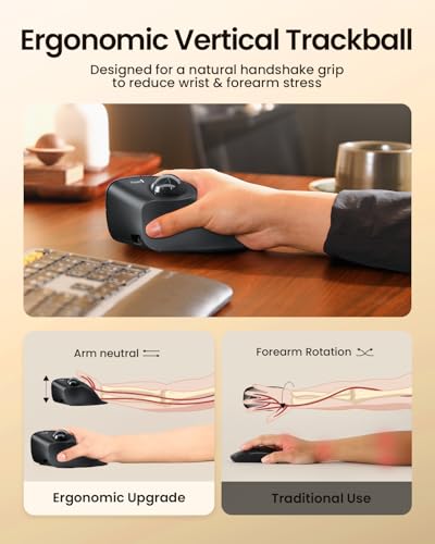 ProtoArc EM05 NL Wireless Vertical Bluetooth Trackball Mouse 62° | Ergonomic, Thumb Control, Rechargeable, 3 Devices, 62°, 5 DPI for iPad/Mac/PC/Windows - Black