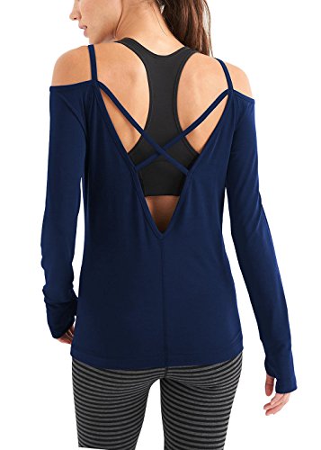Bestisun Women's Long Sleeve Workout Shirts Sports Open Back Shirts Activewear Yoga Tops with Thumb Holes Navy Blue L