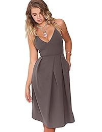 eliacher Mujer Cuello En V Profundo ajustable espagueti correas vestido de verano sin mangas Sexy espalda descubierta vestidos de fiesta con bolsillo