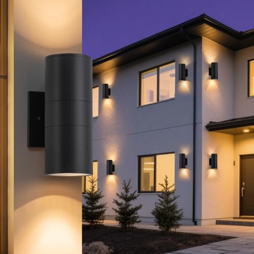 Easyusahome 4 Pack Outdoor Sconce Lights for House, Modern Black Exterior | Light Fixtures, Cylinder Up and Down Wall Sconce, IP65 Waterproof Anti-Rust Porch Lights Wall Mount for Front Door Garage