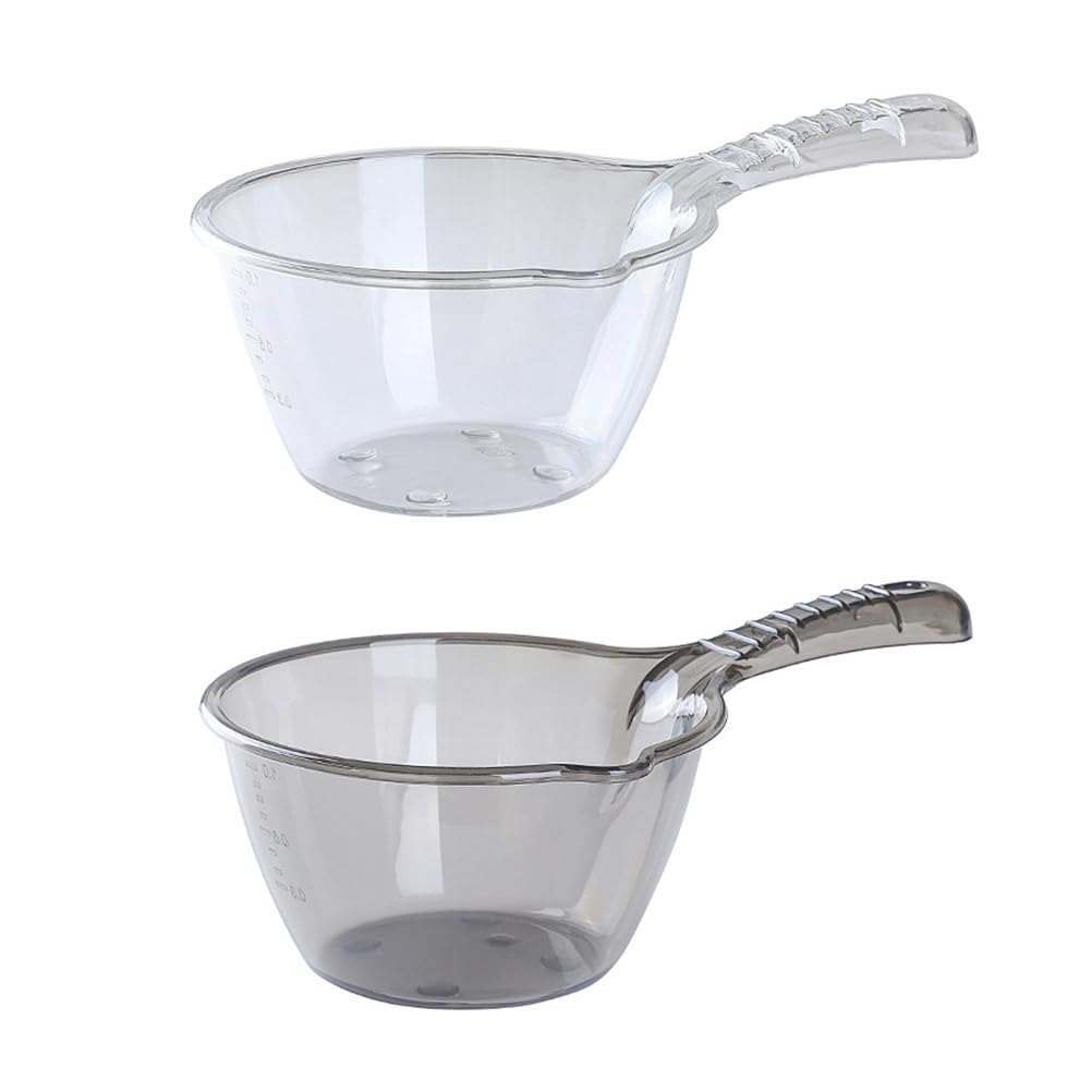 Angoily Multipurpose Water Scoop Set 2 Clear Plastic Water Ladles Long Handle Large Capacity Kitchen and Garden Watering Tools Easy to Clean