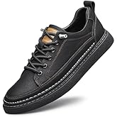 Men's Genuine Leather Fashion Sneakers Simple Handmade Low Top Round-Toe Elastic Lace Up Slip On Casual Shoes Comfortable Classic Tennis Shoes
