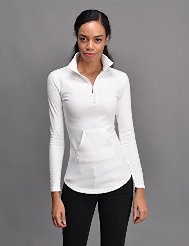 NEARKIN (NKNKWTT791 Women Soft Fleece Lined Comfy Slim Cut Upturned Collar Zipup Tshirts White US S(Tag Size M)