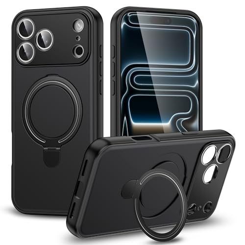 PANXIYUE iPhone 17 Pro Max Case with Stand, MagSafe Compatible Rotating Case, Scratch Resistant PC Back + Protective Case with TPU Frame and Adjustable Ring, Black