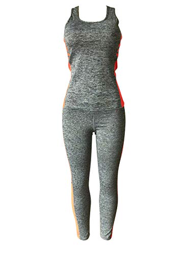 Women Sports Gym Yoga Workout Activewear Sets 2 Pieces Top+Leggings Set (M/L, Grey/Dark Coral Touch) - Thumbnail 4