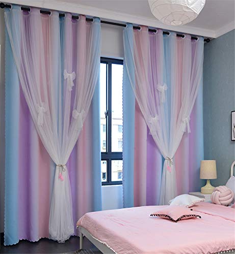 Yancorp Curtains for Girls Bedroom Kids Room Curtain Colorful Window Nursery Curtain 63 inches Length Room Darkening Grommet 2 Layers (Pink Purple Green, W52 X L63)