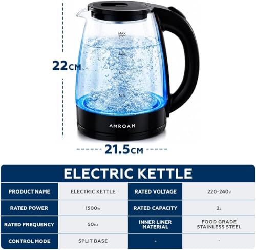2L Electric Glass Tea Kettle, 1500W Fast Boil, Blue LED Light, 360° Cordless Base, Stainless Steel & Borosilicate, Large Capacity with Water Level Gauge