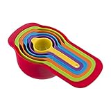 STARBER Plastic Measuring Spoon Set - 6 Spoons for Liquid and Dry Ingredients, Ranging from 1/2 Tablespoon to 1 Cup Including Milliliter Measures - Nesting, Colorful and Easy to Clean