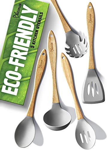 Eco-friendly Cooking Utensils Set - Silicone Kitchen Tools - Spatulas For Nonstick Cookware - Wooden Spoons For Celestial Cooking