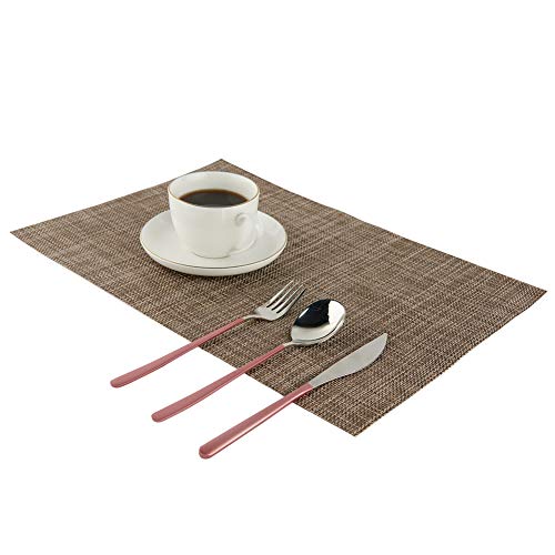 Vivi&Stitch Wipeable Placemats, 6 Pack Table Placemats, Easy to Clean Heat-Resistant Stain Resistant Anti-Skid Woven Vinyl PVC Table Mats for Kitchen Dining Table (Brown)