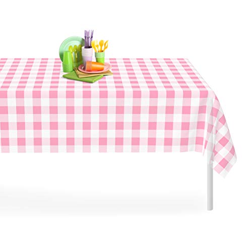 Pink Checkered Gingham 12 Pack Premium Disposable Plastic Tablecloth 54 Inch. x 108 Inch. Rectangle Table Cover By Grandipity