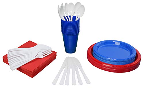 350 Piece Combo American Flag Themed Red White and Blue Disposable Party Plastic Plates and Cutlery Set Includes 50 Dinner Plates 50 Dessert Plates 50 Cups 50 Napkins 50 Forks 50 Spoons & 50