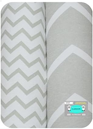 LANCON Kids Pack N Play Portable Crib Sheet Set 2 Pack of Ultra Soft, Premium 100% Jersey Knit Cotton Fitted Sheets (Gray/White Chevron)