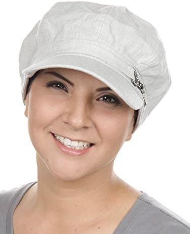 Womens Linen Newsboy Summer Hat with Rhinestone Buckle Brim, Cotton Lined, Stretch Band Gray