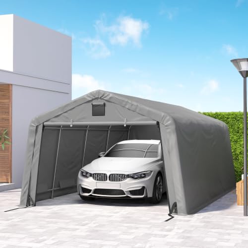 Outsunny 12 x 20 ft Heavy Duty Carport, Outdoor Portable Garage Canopy Tent with 2 Ventilation Windows, Large Door, Car Shed Shelter for Truck, Boat, Motorcycle, Bike, Light Grey