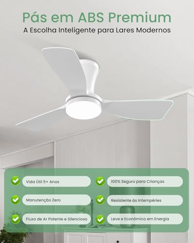 Ventilador de Teto Branco de Três Pás de 91 cm com Luz LED, Motor DC Silencioso, Controle Remoto, 6 Velocidades, 100V-240V, Função Reversível e Instalação Flush Mount