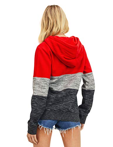 Women's Ultra Soft Fleece Tri-Color Block 1/4 Zip-Up Pullover Hoodie Sweatshirt, Red, Large