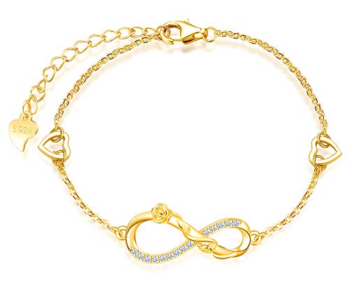 MicLee Woman's girl's Bracelet, 925 Sterling Silver bracelet, Rose flower and infinity symbol bracelet, with mini hollow heart, Inlaid zircon, adjustable chain, design of flower bracelet