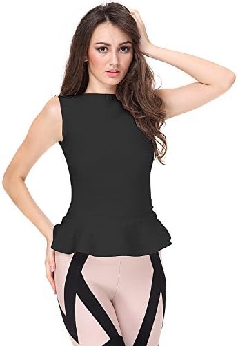Crediy Peplum Sleeveless Bodycon Rayon Bandage Tank Top Pure Color Party Ruffles Celebrity (L, Black)