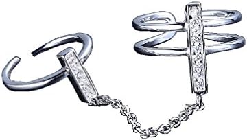 Women's 925 Sterling Silver Ring Elegant Diamontes Double Rings with Chain Open Mid Finger Knuckle Ring