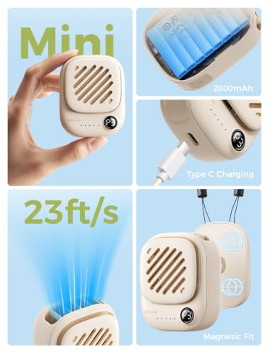 Aecooly Mini Portable Neck Fan, Mighty Hands Free Fan, Magnetic Fit Click 01 USB Rechargeable[10H Max Cooling Time], Battery Operated Wearable Personal Fan for Travel, Summer, Gifts for Women - Beige