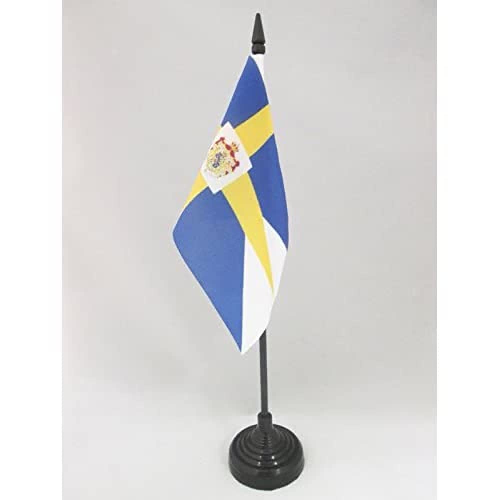 AZ FLAG - Kingdom of Sweden Table Flag 4'' x 6'' - Royal Swedish Office Mini Banner 100% Polyester 15 x 10 cm - Mini Desk Flag with 10'' Pole and Black Plastic Base