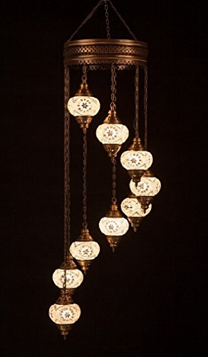 Handmade, Authentic, Mosaic Chandelier, Tiffany Style Glass,  Moroccan/Ottoman Style Night Lights (White, Globes)