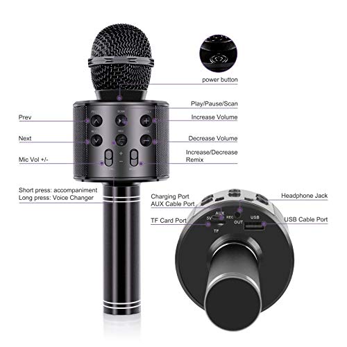 Wireless Bluetooth Karaoke Microphone for Kids Adults, Wrystte 5 in 1 Portable Handheld Karaoke Machine for 4-15 Year Old Girls Boys Birthday Xmas Party(Black)