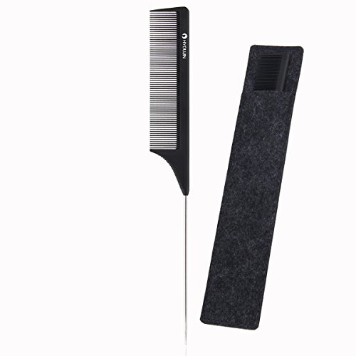 HYOUJIN608 Black Carbon Metal Pintail Teaser Comb, Rattail Lift Comb, Sharp Tail Comb with Non-skid Paddle-Perfect Lifting Fluffing-Incredibly Lightweight, Anti static, Heat Resistant