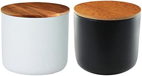 Coffee Tea Sugar Box Storage Set of Two - Stoneware with Acacia Wood Covered Lid with Seal
