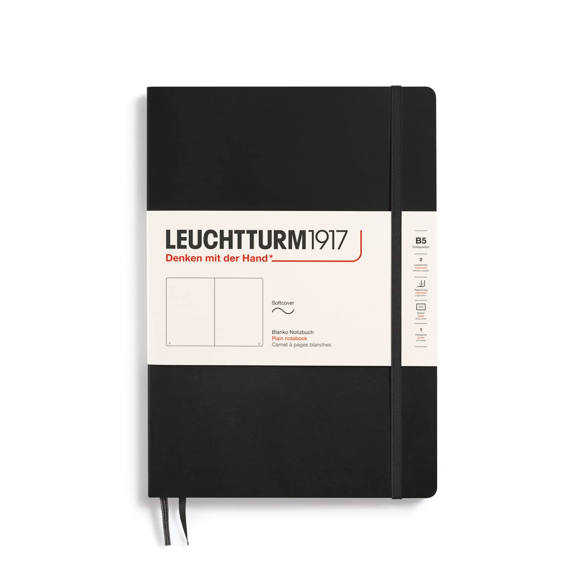 LEUCHTTURM1917 349295 Notebook Composition (B5) Softcover, 123 Numbered Pages, Plain, Black