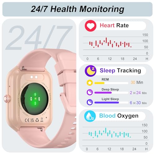 Smart Watch Men Women, 1.96 Inch Smartwatch Calls Bluetooth, Pedometer/Heart Rate Monitor/Sleep Monitor/SpO2, Waterproof IP68, Smart Watch Android iOS Pink, Sports Watch 112+ Sports Modes