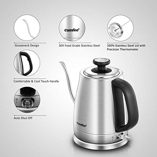 COMFEE' MK-12S07A Gooseneck Electric Kettle Stainless Steel Drip for Pour Over Coffee and Tea, Feature and Thermometer Gauge on Top, 1.2 L, 1500W Fast Boiling. BPA Free