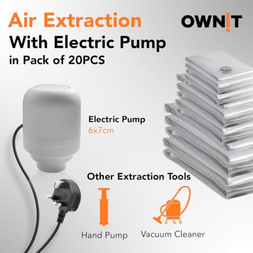 OWNIT® Vacuum Storage Bags with Electric Pump, 20 Pack Space Saver Bags with 6 Small, 6 Medium, 5 Large, 3 Jumbo, Reusable Vacuum Compression Bags for Packing Clothes, Blankets, Duvet, Pillows, Travel