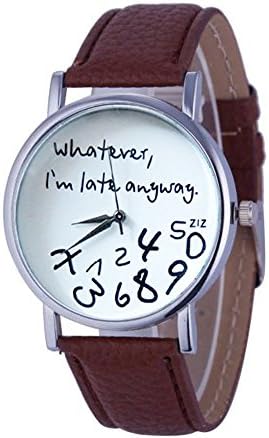 "Whatever, I'm late anyways" Unisex Leather Watch (Brown)
