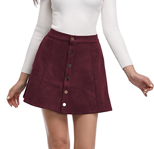 Argstar Womens Faux Suede Button Closure A-Line Mini Short Skirt, Wine, Medium