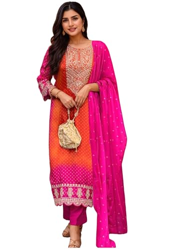 Liva Fashion Indian Women's Rayon Viscose Straight Embroidered Kurta with Pant and Dupatta Set
